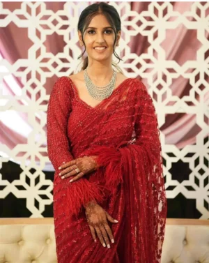 Red Elegancy Net Saree – Sheer Grace with a Bold Statement